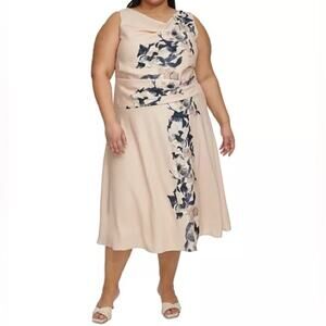 DKNY Plus Size Cowlneck Cascading-Floral Midi Dress Women’s Sz 20W
